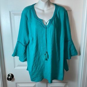 Denim + Company Women’s Gauzy Tunic Top V Neck Tassel Bell Sleeve Plus Size 1x